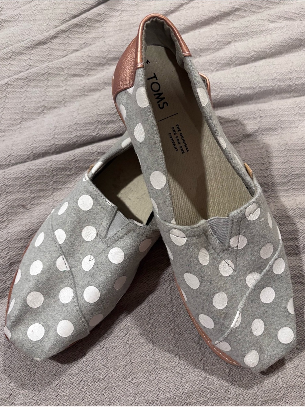 Toms Grey Polka Dot Slip-On Flats with Rose Gold Heel